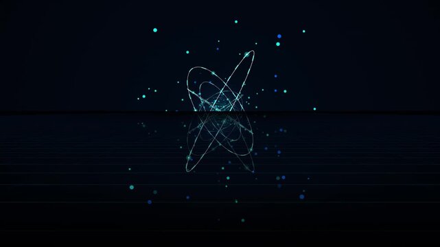 Abstract digital atom model with glowing orbital rings and particles on a dark reflective surface