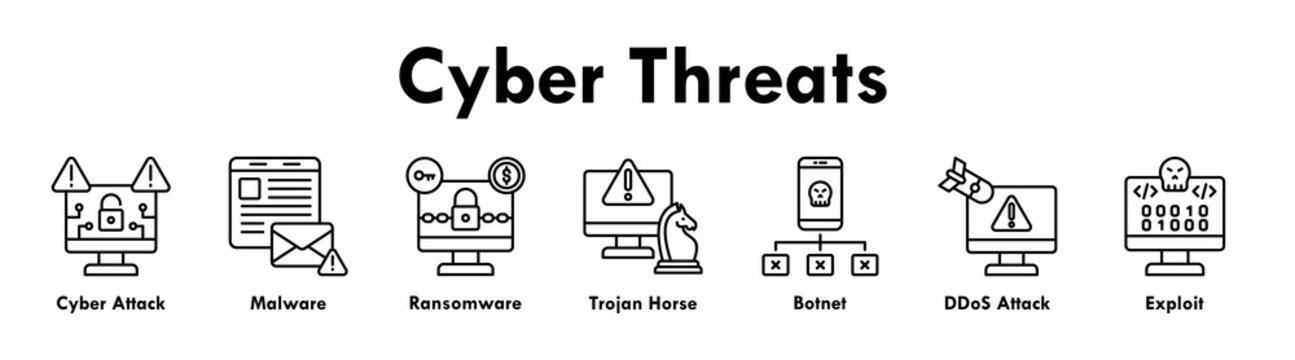 Cyber Threats banner web icon illustration concept with icon of cyber attack, malware, ransomware, trojan horse, botnet, DDoS attack, and exploit