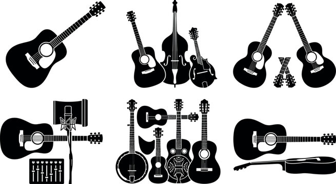Collection of black acoustic guitar icons string instruments recording studio equipment and country music band silhouette vector elements