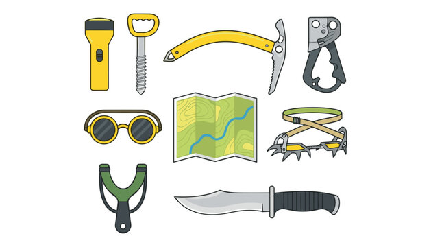 Vector icon set of outdoor survival hiking gear including camping map ice axe crampons flashlight knife and goggles,