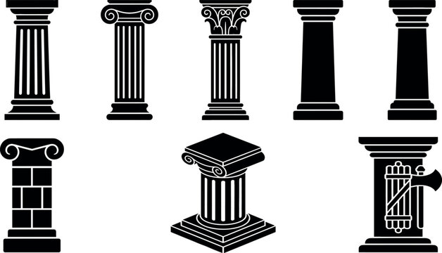Collection of black antique architectural column icons Greek Roman marble pillars and classical ionic Corinthian order vector elements