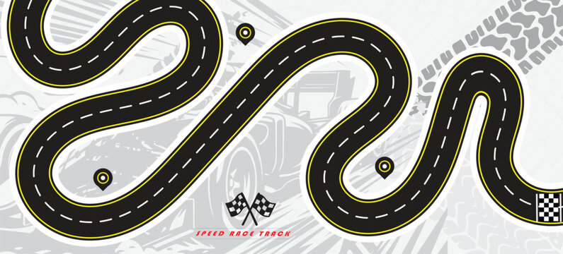 Speed Race Background. Race track in black color with tyre marks and city map on a white background.