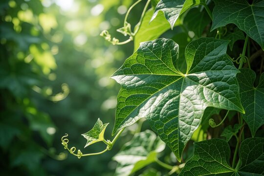 Green ivy gourd leaves grow on vine in garden. Coccinia grandis plant with large lobed leaves, curly tendrils climbs wall. Fresh organic vegetable foliage in sunlight creates natural eco background