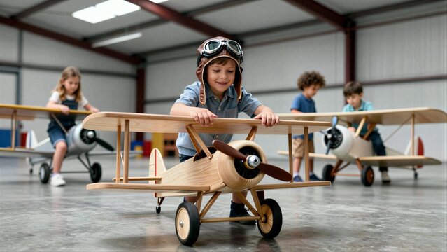 Children play with wooden airplanes in a spacious hangar, smiling and enjoying flight dreams.
