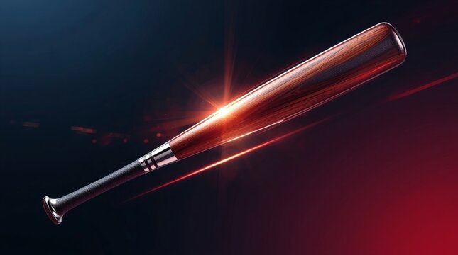 Professional wooden baseball bat floating in a dramatic dark stadium light with lens flare