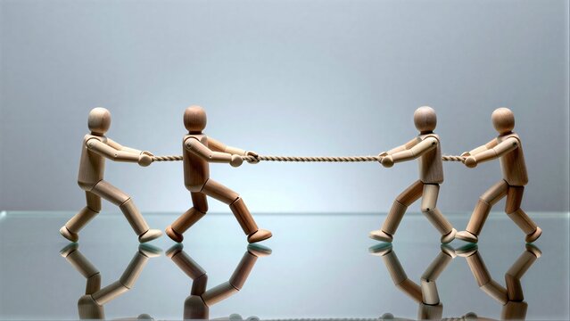 Wooden figures pull rope, symbolizing teamwork and competition on reflective surface.