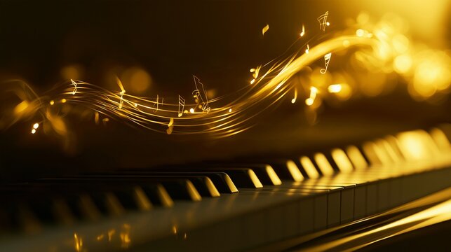 A fantastical background featuring waves of golden musical notes and a piano keyboard