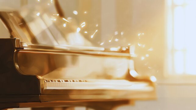 A grand piano bathed in warm light and soaring notes of light (watercolor-style illustration)