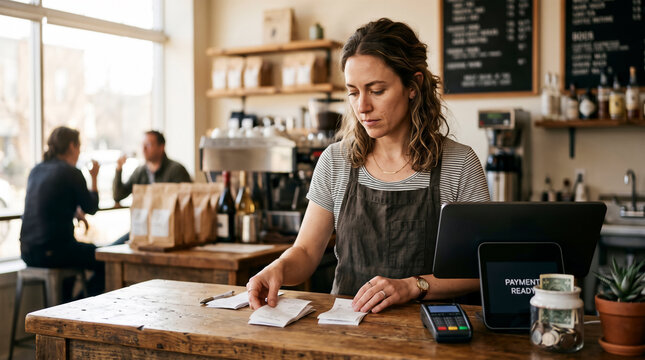 Coffee shop owner reviewing sales receipts and POS digital payment counter