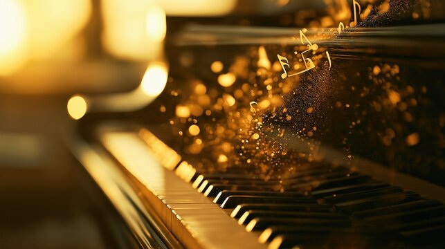 The keys of a grand piano, bathed in warm light and adorned with sparkling musical notes, creating a dreamlike scene