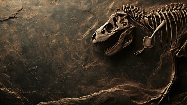 A complete Tyrannosaurus skeleton fossil buried in rock (with space for text)