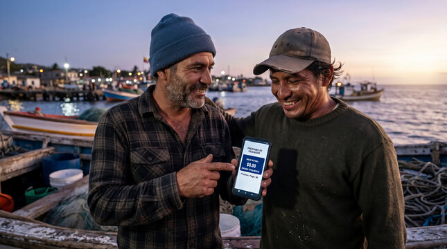 Local fishermen celebrating micro loan approval on smartphone at coastal harbor