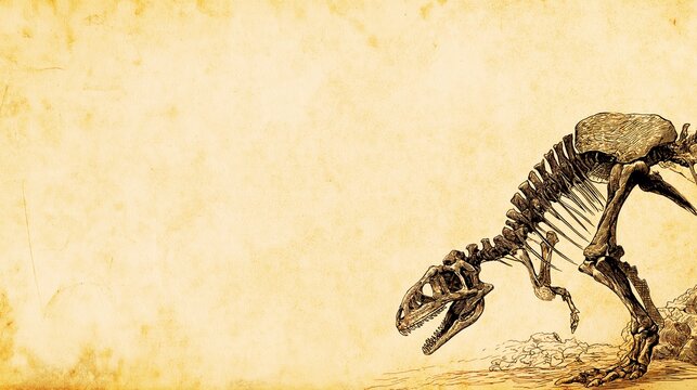 Sketch of a dinosaur skeleton on aged parchment (vintage-style paleontological illustration, with space for text)