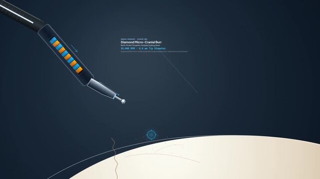 3D animation of an advanced neurosurgical robotic arm with anti-tremor autonomous stabilization technology performing a precision sub-millimeter cranial bone drilling procedure