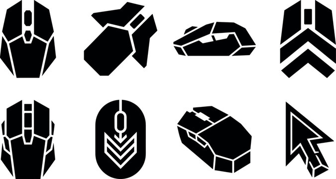 Collection of black gaming mouse icons computer hardware peripheral devices and digital pointer cursor arrow vector elements