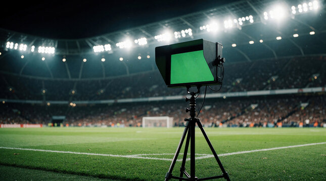 VAR monitor on tripod on soccer field at night stadium with crowd. Technology aids officiating, game review, fair play, fan engagement, instant replay.