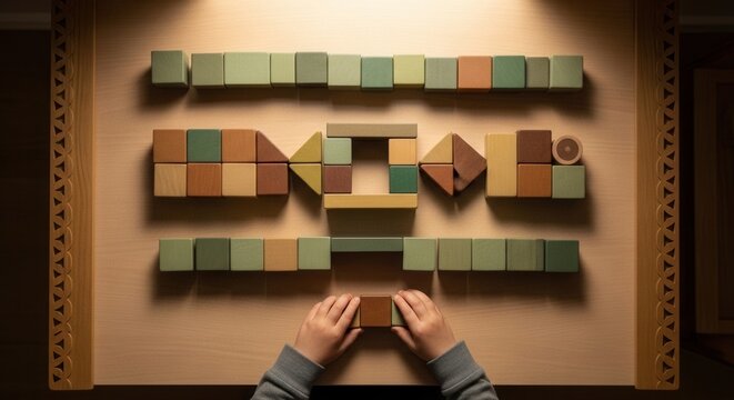 Creative Childrens Hands Building With Wooden Blocks On Table