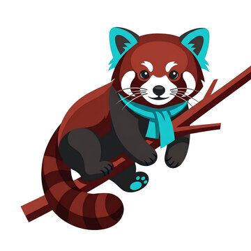 Cute Red Panda Wearing Blue Scarf on Tree Branch Vector Illustration