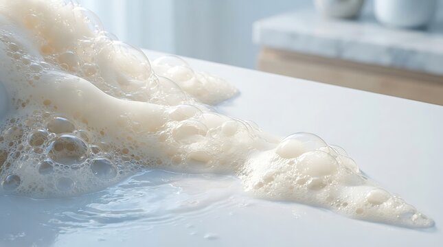 Foamy Overflow: A close-up shot captures a cascade of light brown foam spilling over a clean white surface, suggesting a culinary or cleaning mishap.