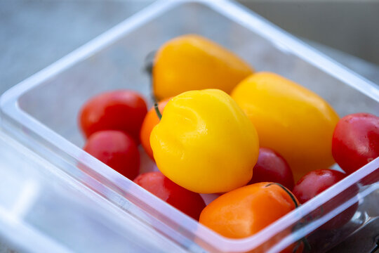 Fresh mini sweet bell peppers and cherry tomatoes in a clear plastic container.A high-quality close-up photograph showcasing a bright, colorful mix of fresh organic 