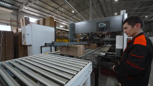 Warehouse worker positioning stacked cardboard sheets beside automated packaging machine and roller conveyor on production floor under bright industrial lights
