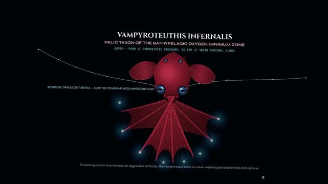 Vampire squid Vampyroteuthis infernalis deep sea animation showing bioluminescent mucous eruption and defensive pineapple posture escaping a bathypelagic stalker predator in the dark ocean