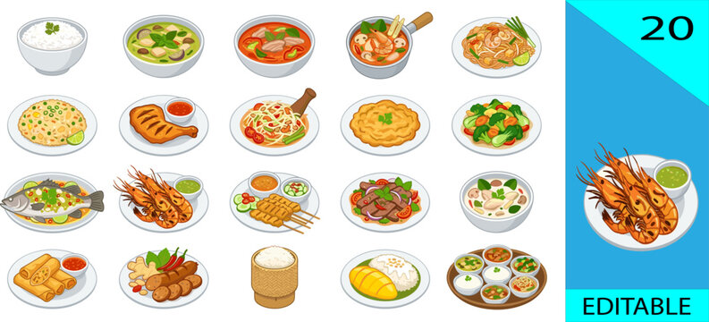 Set of 20 Thai food icons tom yum pad thai fried rice satay sticky rice mango editable vector illustration