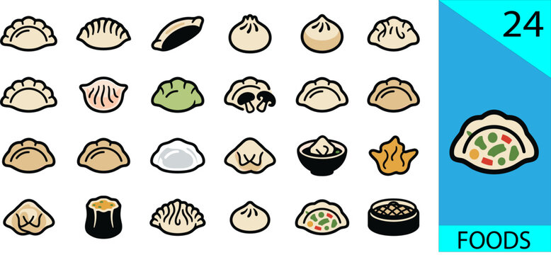 Set of 24 dumpling icons with gyoza bao buns wonton momo editable vector illustration