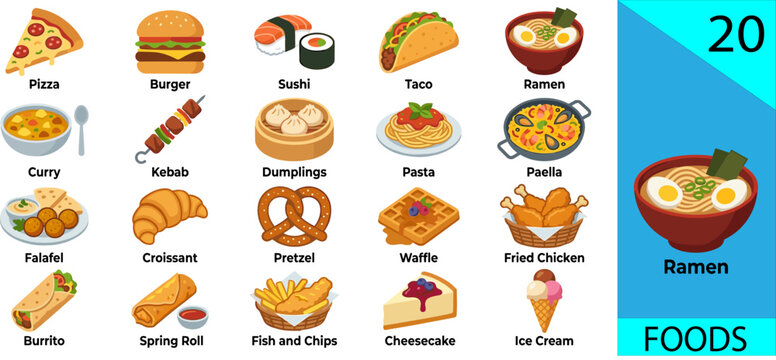 Set of 20 world famous food icons pizza burger sushi taco ramen editable vector illustration