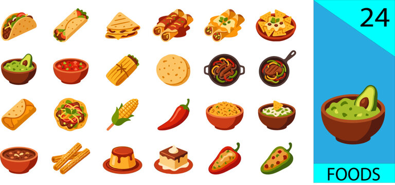 Set of 24 mexican food icons with taco burrito nachos guacamole editable vector illustration