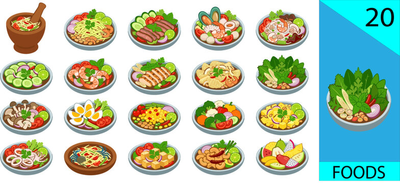 Set of 20 Thai salad icons som tam papaya salad larb yum thai food editable vector illustration