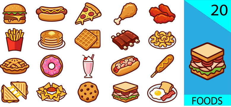 Set of 20 American fast food icons burger pizza fried chicken waffle editable vector illustration