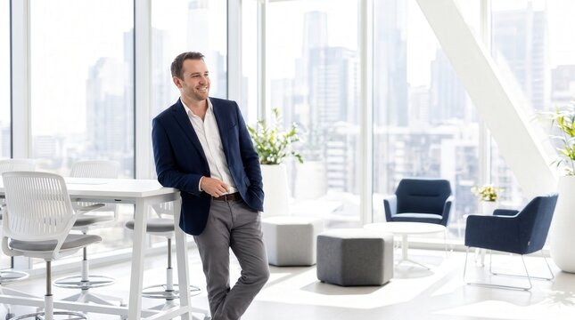 Smiling businessman in navy blazer leaning on high table in modern office, capturing professional success and leadership for corporate communications and human resources recruitment.