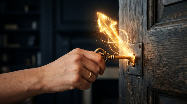 Hand inserting a vintage key into a wooden door with a glowing light effect