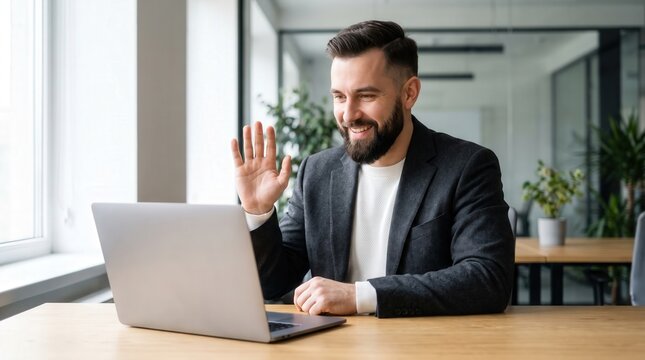 Professional bearded businessman waving at laptop during virtual meeting, capturing friendly remote communication for corporate marketing and digital collaboration software.
