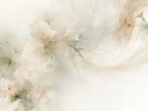 Hummingbird among white flowers in a soft dreamy watercolor scene.