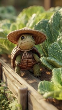 Cute turtle gardener in vegetable garden wearing straw hat and armor