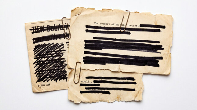 Redacted classified government documents on vintage old paper with blacked out text and paper clips on a white background.