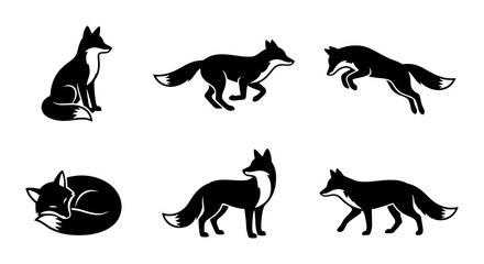 Fototapeta premium Black Fox Silhouettes, Woodland Animal Poses, Wild Canine Vector Set, Nature Graphics