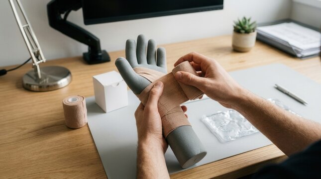 Hands applying elastic bandage to a medical mannequin hand on a desk, close-up, healthcare concept