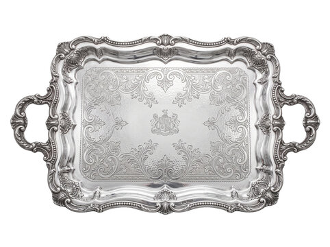 Antique-style silver-plated oval serving tray with intricate floral design, set of 2 trays.