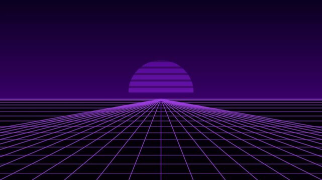 Purple wireframe grid receding to a striped sun on the horizon forms a seamless looping background overlay.