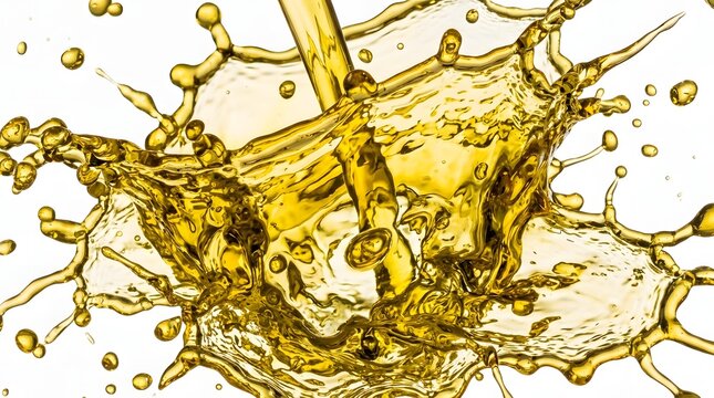 Golden olive oil pouring and splashing dramatically against a white background.