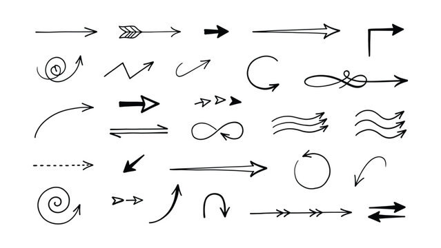 Various hand drawn arrows in different styles and directions on white background