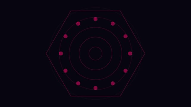 Geometric line art loop with concentric circles inside a hexagon and a dotted pink ring overlay