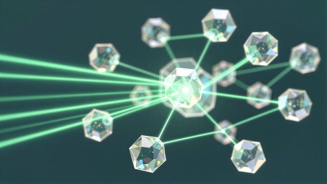 Crystal lattice connected by vibrant green laser beams against a dark background.