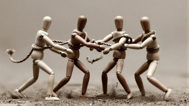 Wooden figures pull rope in dusty arena, symbolizing teamwork and struggle.