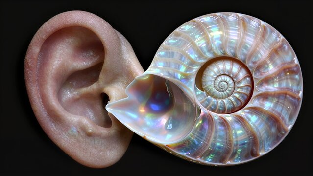 Human ear beside iridescent nautilus shell, showcasing nature's spiral symmetry.