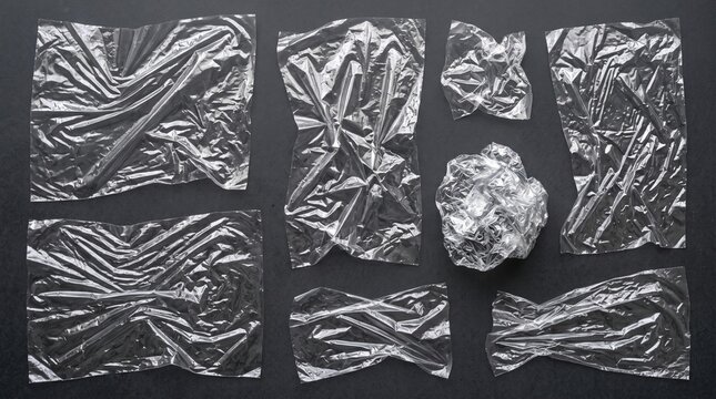 Collection of crumpled and folded plastic wrap sheets on a dark background