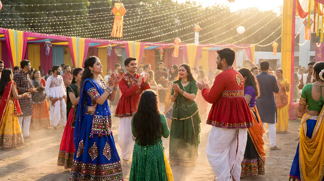 Group of people dancing traditional Garba at sunset.